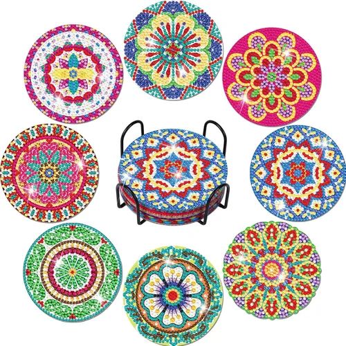 Billbotk Juego de 8 posavasos de pintura de diamantes con soporte, posavasos de arte de diamante, artes y manualidades para adultos, pequeños kits