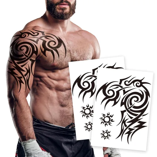 Miniatura 9 de 2 hojas grandes de tatuajes temporales para hombres y mujeres, impermeables, tatuajes falsos de arte corporal con diseño de tótem para el pecho