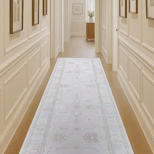 Miniatura 12 de Fame Living Alfombra Oushak Crema Azul, Alfombras Pequeñas Modernas, Vintage, Turca, Ecléctica, Floral, Pastel, Lavable, Tapete para Puerta, Felpudo