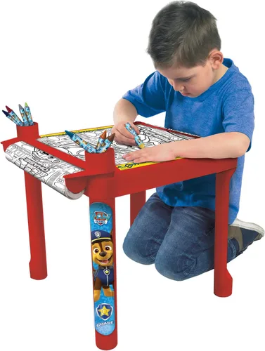 Paw Patrol - Mesa para colorear con rollo de papel artístico, soporte de escritorio de plástico, crayones y calcomanías, mesa de arte de color y
