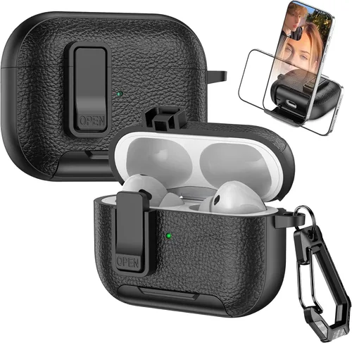 Miniatura 13 de Funda de cuero con clip de bloqueo para AirPods Pro 2ª/1ª con mosquetón, soporte de carga inalámbrica con soporte, cubierta de protección resistente
