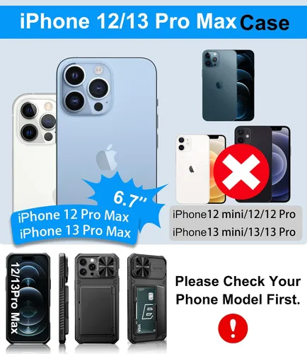 Miniatura 2 de BXYJY Funda tipo cartera para iPhone 12 Pro Max y 13 Pro Max, tarjetero (4-5 tarjetas), cubierta deslizante para cámara, protección militar contra