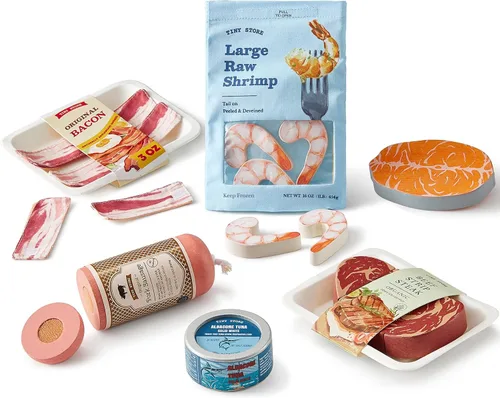 Tiny Land Juego de comida orgánica para juegos de simulación - Juego de juguetes de mariscos y carne de madera de 6 piezas para niños, simulación de