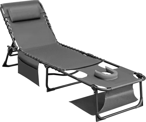 Miniatura 12 de Flamaker Silla Tumbona boca abajo ajustable de 5 posiciones para tomar el sol, silla de bronceado plegable con agujeros para la cara y los brazos