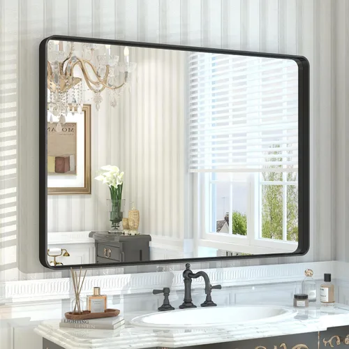 Miniatura 81 de Paquete de 2 espejos de baño con marco de metal negro de 22 x 30 pulgadas, espejo rectangular redondeado negro mate, antioxidante, se cuelga