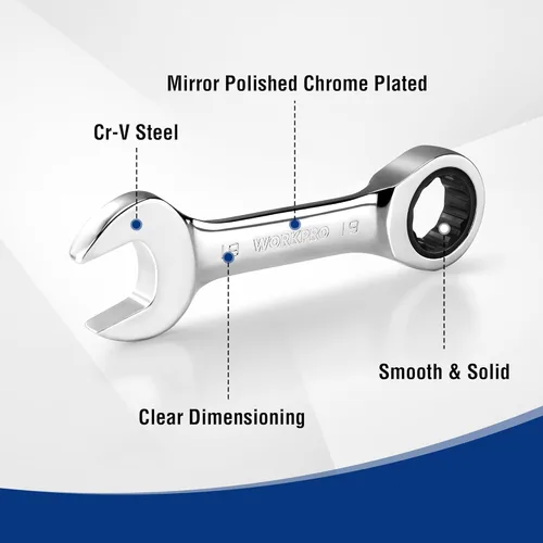 Miniatura 5 de WORKPRO Juego de 12 llaves de trinquete rechonchas, métricas de 0.315-0.748 in, 72 dientes, acero Cr-V, juego de llaves combinadas de trinquete