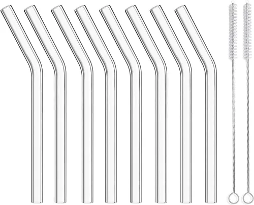 ALINK Pajitas de vidrio curvadas cortas, 0.236 x 0.394 in, reutilizables, de vidrio transparente, curvadas, para whisky, café, refrescos, agua,