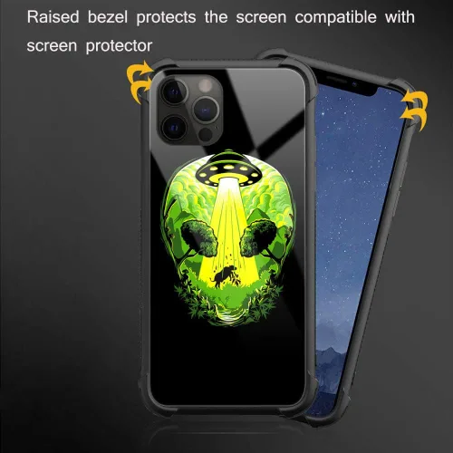 Miniatura 3 de ZHEGAILIAN Funda compatible con iPhone 12/12 Pro, funda de invasión de vaca alienígena OVNI, parte trasera de vidrio templado + funda protectora