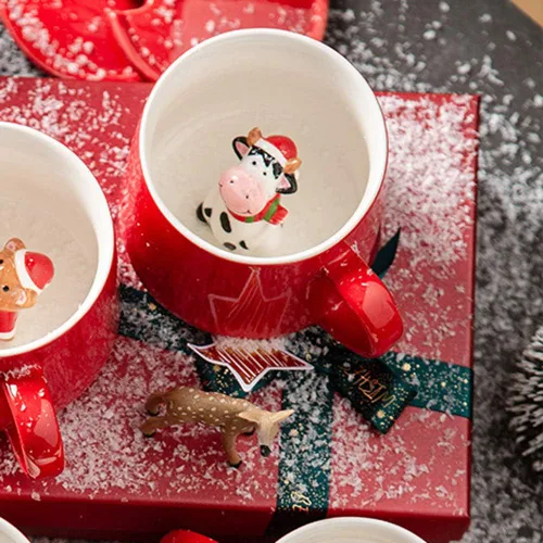 Miniatura 2 de Bonita taza de cerámica de vaca de Navidad, pintada a mano, novedosa taza de animales en 3D, tazas personalizadas de té de chocolate con leche