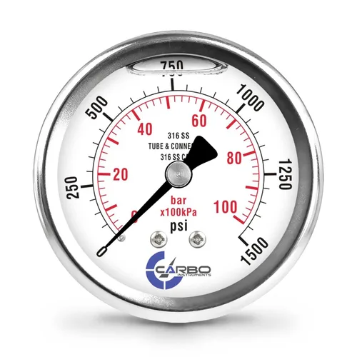 Miniatura 36 de Medidor de presión relleno de líquido de 300 PSI, dial de 2.5 pulgadas, montaje trasero 1/4 NPT, estuche 316 SS, 316 piezas mojadas SS, PSI/barra