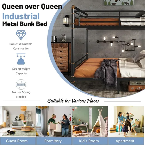Miniatura 3 de Litera Queen sobre Queen, marco industrial desmontable con cubierta de escalera suave y barandillas altas, literas industriales para niños, niñas