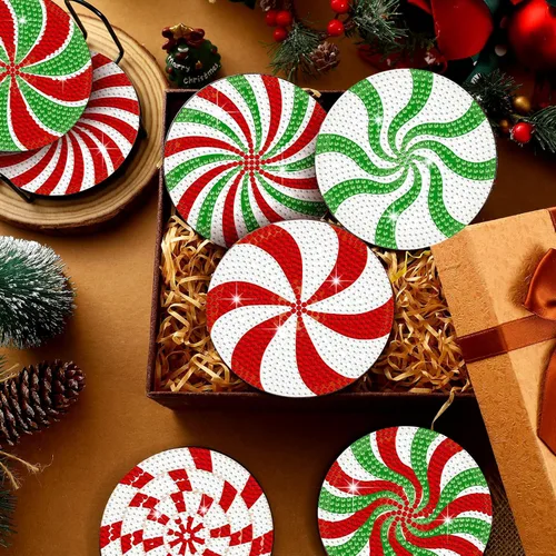 Miniatura 2 de Perthlin 8 Pcs Christmas Diamond Art Coasters Christmas Tree Candy Gnome Painting Coasters with Holder Painting Kit Green White Diamond Kits(Candy)