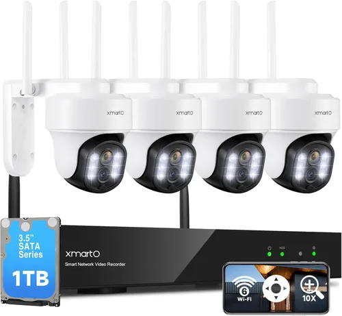 XMARTO Sistema de cámara de seguridad WiFi6 de 10X Zoom inalámbrico para interiores y exteriores, NVR de 10 canales 4K con 4 cámaras HD Dual Lens de