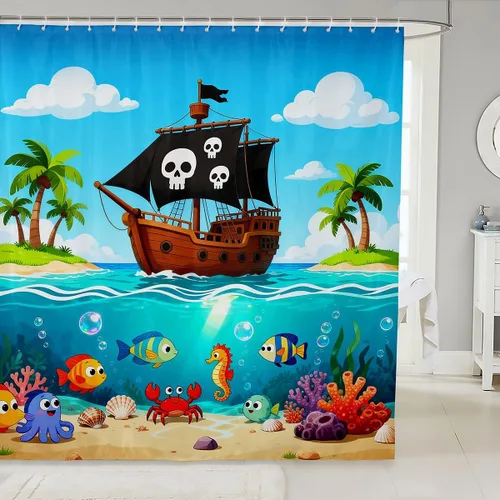 Miniatura 10 de Cortina de ducha de barco pirata de dibujos animados, 72 pulgadas de ancho x 72 pulgadas de largo, bonito sombrero pirata, bandera de calavera