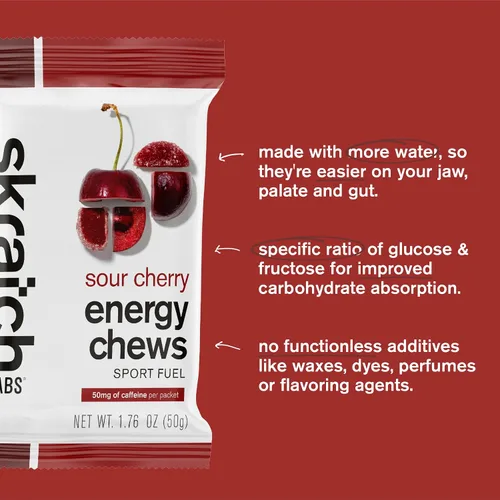 Miniatura 9 de Skratch Labs Energy Chews Gomitas de cafeína para correr, ciclismo y rendimiento deportivo, alternativa al gel, cereza agria (paquete de 10), sin