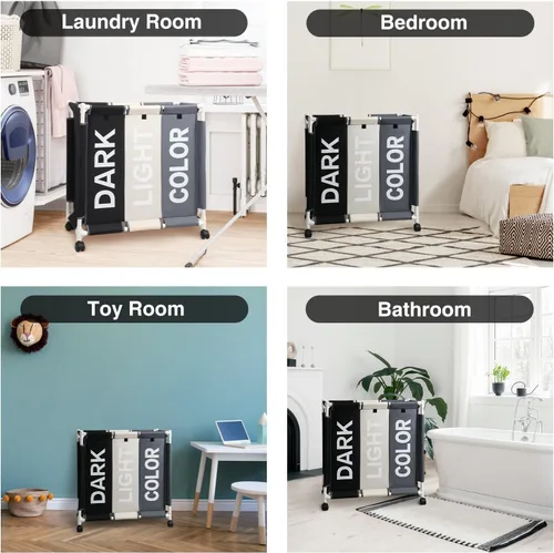 Miniatura 7 de Cesta clasificadora de ropa sucia de 3 secciones con ruedas rodantes, carrito organizador de lavandería para baño, dormitorio, guardería