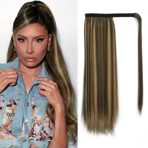 Miniatura 44 de BARSDAR Extensión de cola de caballo de 28 pulgadas largo recto envoltura alrededor del clip en pelo de fibra sintética para mujeres, negro