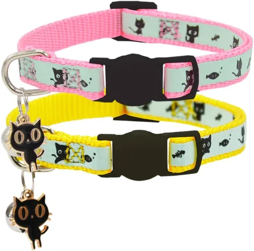 Miniatura 15 de Paquete de 2 collares para gatos que brillan en la oscuridad con campana, collares de seguridad para cachorros con colgante verde y amarillo