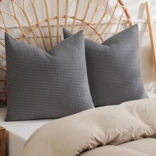 Miniatura 13 de PHF Funda de almohada 100% algodón con tejido de gofre, 18 x 18 pulgadas, sin relleno, paquete de 2 elegantes fundas de almohada cuadradas Gris claro