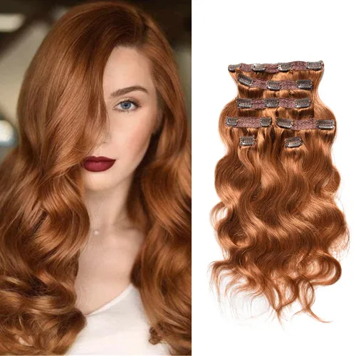 Miniatura 9 de viviaBella Extensiones de cabello humano ondulado con clip, color rojo cobre, 14 pulgadas, cabello virgen brasileño de doble trama, 7 unidades por