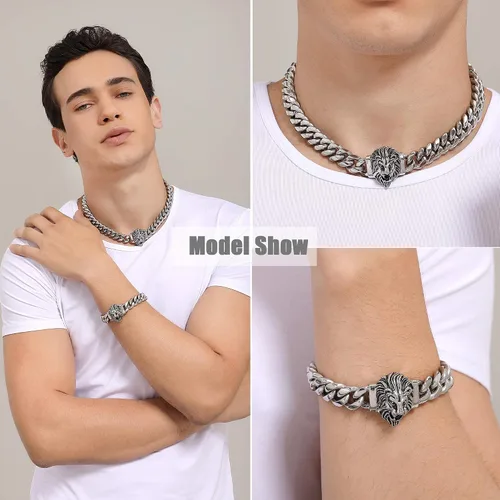 Miniatura 4 de Cadena de eslabones cubanos para hombre, gargantilla de león, collar de plata Hip Hop de 18 pulgadas, 20 pulgadas y pulsera de 8.5 pulgadas, juego