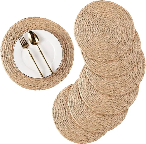 Miniatura 7 de Juego de 10 manteles individuales redondos tejidos de jacinto de agua natural, manteles individuales de ratán de 12 pulgadas, manteles individuales