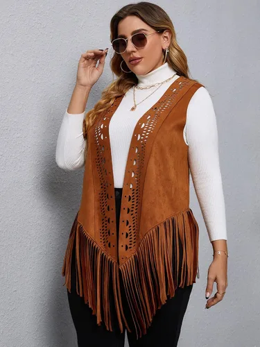 Miniatura 5 de SheIn Chaleco de ante sin mangas con flecos para mujer, estilo hippie, chaqueta estilo hippie de los años 70