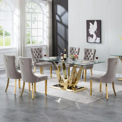 Miniatura 37 de Mesa de comedor moderna de vidrio de 70 pulgadas para 6-8, mesa de comedor de cristal dorado de lujo con base de acero inoxidable en forma de flores