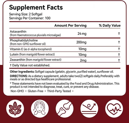 Miniatura 7 de GBN Suplementos de astaxantina 24 mg 200 cápsulas blandas, apoya la salud de los ojos, la piel, las articulaciones, el cerebro, el corazón