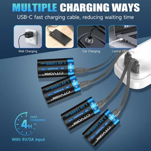 Miniatura 4 de CITYORK Paquete de 4 baterías de litio D recargables USB, baterías de tamaño D de 1.5 V 15000 mWh con cable de carga USB-C 4 en 1, batería de celda