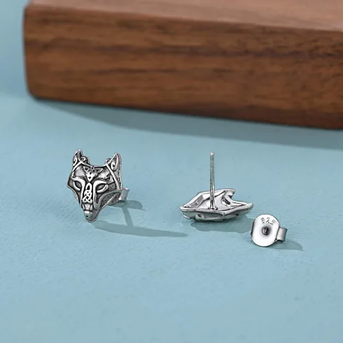 Miniatura 8 de FaithHeart Norse Vikingo Jewelry - Aretes de tuerca de plata de ley de acero inoxidable, lobo celtamartillo de Thors para mujeres y hombres, Acero