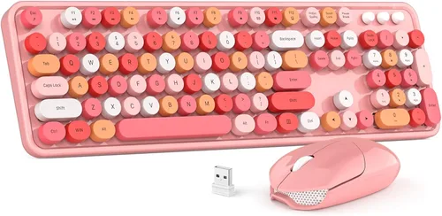 Miniatura 22 de MOWUX - Combo de teclado y mouse inalámbricos, máquina de escribir de tamaño completo, retro, redondo, lindo mouse óptico inalámbrico, Plug and Azul