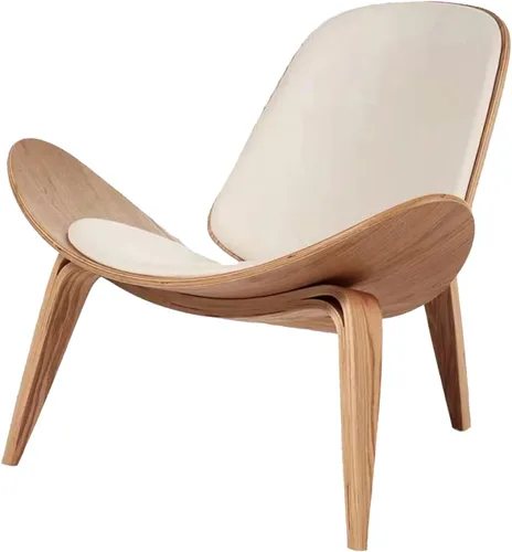 Miniatura 8 de Hans Wegner Style Silla de tres patas, silla de madera contrachapada de ceniza con tapicería de piel sintética negra, muebles de sala de estar