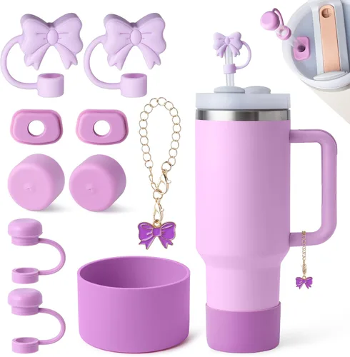 Juego de 10 accesorios para Copa Stanley, los accesorios Stanley incluyen 2 fundas para pajitas con lazo, 1 encantador dije de mango con lazo, 2
