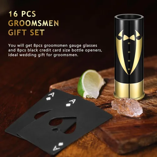 Miniatura 4 de Yoption Set de 16 piezas de regalos para padrinos de boda, 8 vasos de chupito con 8 abridores de botellas tamaño tarjeta de crédito para propuesta