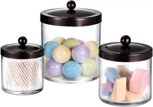 Miniatura 13 de Tarros de plástico de alta calidad para boticario, soporte Qtip para baño, tocador, encimera, organizador de almacenamiento de acrílico transparente