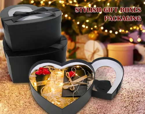 Miniatura 4 de Cajas negras en forma de corazón para arreglos florales, cajas de corazón para flores, juego de 4 cajas de regalo anidables con tapas transparentes