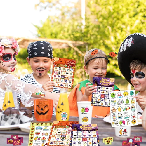 Miniatura 6 de Tarjetas de bingo de Halloween de MonEnfance, juego de bingo de Halloween para 24 jugadores para niños y adultos con pegatinas divertidas, lindo