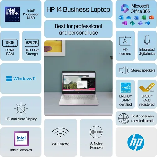 Miniatura 3 de HP 14 Laptop Student Business 2025 Flagship Computer, Copilot de IA, CPU Intel de 4 núcleos de 13ª generación, 16GB de RAM, 628GB de almacenamiento