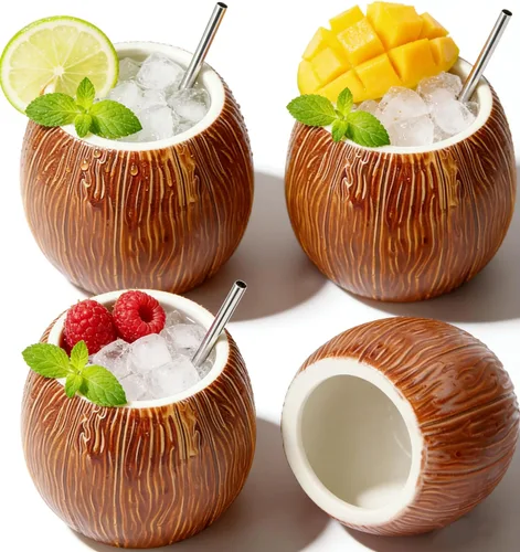 LINALL Paquete de 4 tazas Tiki de cerámica de 17 onzas – Copas de cóctel de coco hawaiano para Mai Tai y piña colada, tazas Tiki duraderas, juego