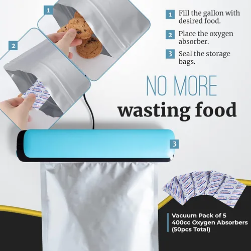 Miniatura 8 de 50 bolsas de Mylar para almacenamiento de alimentos, bolsas de Mylar de 0.5 y 1 galón con absorbentes de oxígeno de 400 cc - 9.4 mil extra gruesas