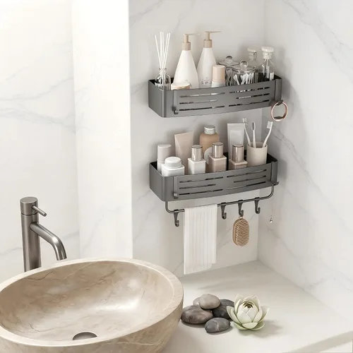Miniatura 2 de Ventosa para regadera, paquete de 2 estantes cuadrados de ducha sin perforación, aleación de aluminio, extraíble, regaderas de succión para baño