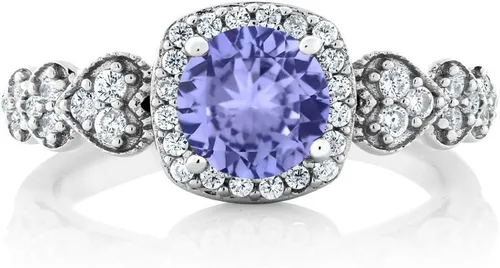 Miniatura 80 de Gem Stone King Anillo de compromiso de aniversario y piedra natal de corte redondo de 0.236 in para mujer, plata de ley 925, anillo de promesa