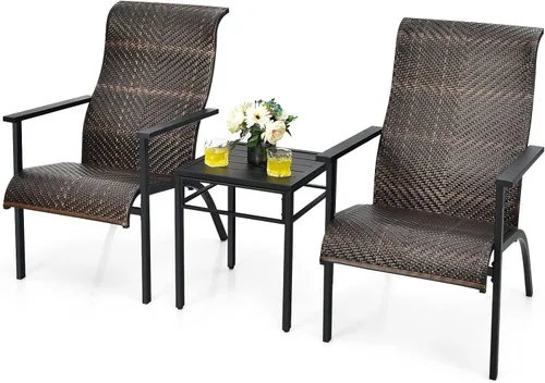 RELAX4LIFE Juego de muebles de patio de 3 piezas, juego de bistró de mimbre para exteriores con mesa de café, respaldo ergonómico y reposabrazos,