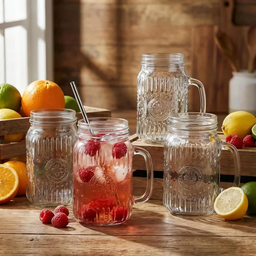 Miniatura 5 de SUT Mason Jar - Vasos para beber con asa, paquete de 6, 16 onzas, tazas de tarro Mason en relieve vintage para café helado, jugo, té y cerveza