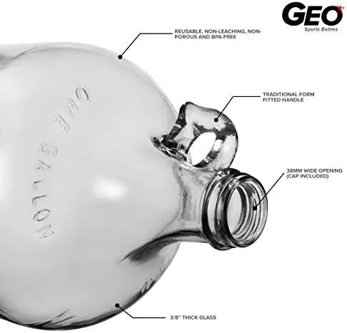 Miniatura 2 de Geo Sports Bottles Botella de agua de vidrio de 1 galón con tapón de rosca de 1.496 in (juego de 1)