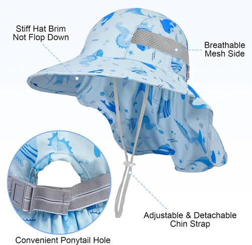 Miniatura 50 de Sombrero de sol para niños, protección UV, unicornio, verano, playa, jugar con ala ancha, solapa para el cuello para niñas y niños