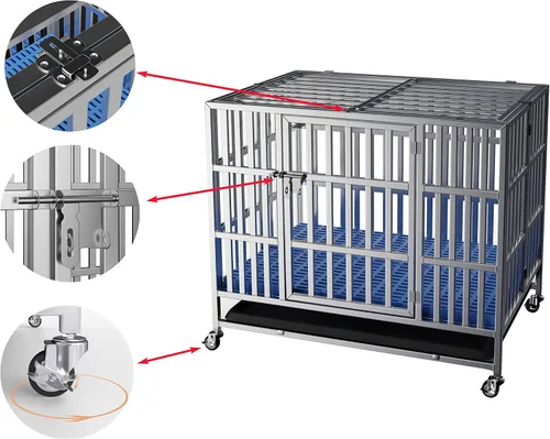 Miniatura 5 de Jaula plegable de acero inoxidable para perros, 30, 37, 42, 48 pulgadas, rueda con cerradura, con bandeja, apilable, resistente, divisor