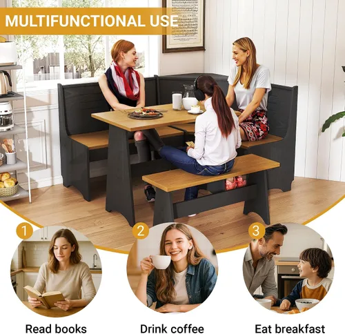 Miniatura 3 de Juego de mesa para desayunador de 3-4 plazas en forma de L con almacenamiento oculto - Juego de mesa y banco de esquina para cocina, ahorra espacio
