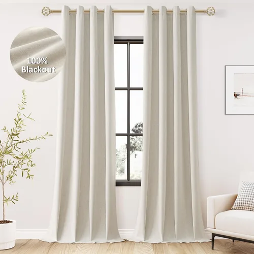 Miniatura 49 de Cream Linen Blackout Curtains 90 Length 2 Panels Set for Living Room Bedroom, 100% Black Out Thermal Insulated Linen Drapes, Room Darkening Grommet